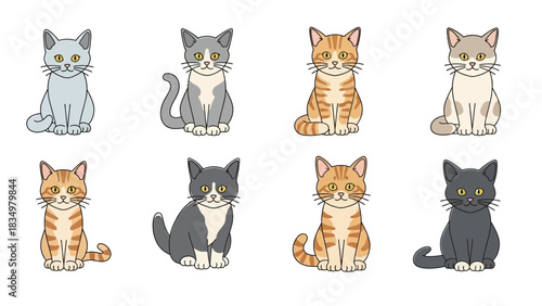 Collection of adorable cartoon cats in various colors and patterns sitting elegantly