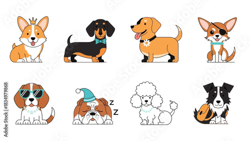 Collection of Cartoon Dog Breeds in Various Poses and Outfits on White Background
