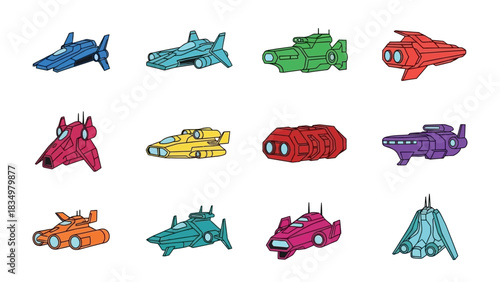 Collection of Cartoon Spacecraft Set in Various Colors for Design Projects and Creative Uses