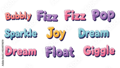 Collection of Cartoon Style Words with Colorful Letters for Positive Emotions and Happy Feelings