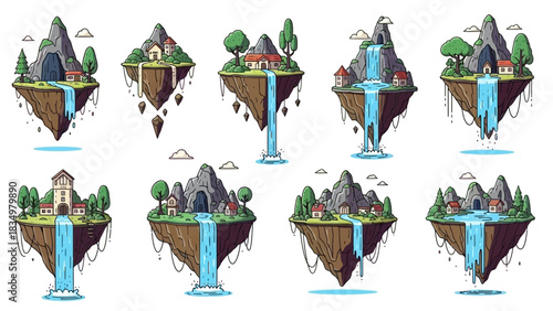 Collection of cartoon floating islands with houses mountains and waterfalls design