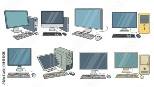 Collection of desktop computer illustrations with monitors keyboard and mouse design