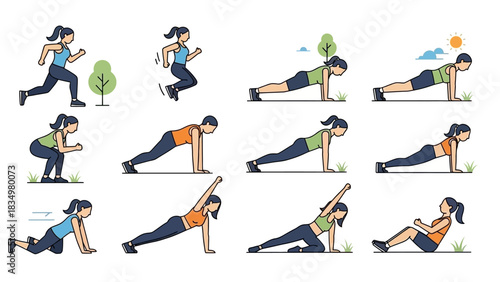 Collection of diverse fitness exercises performed by women in outdoor settings featuring various