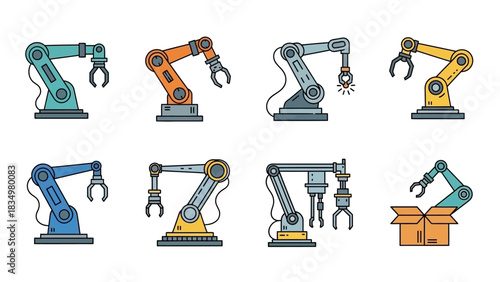 Collection of eight different robot arms, each with unique colors and structures, showcasing