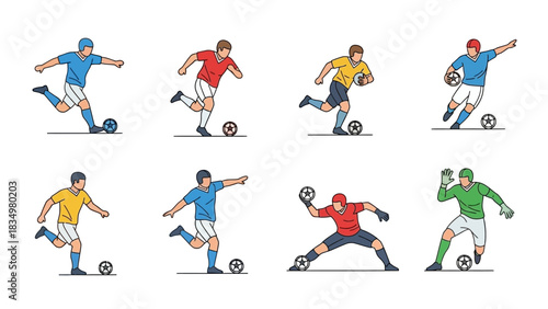 Collection of illustrated soccer player poses, including kicking, goalkeeping and action shots