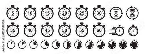 Set of stopwatch timer icons displaying specific second intervals and hourglass symbols with rotation