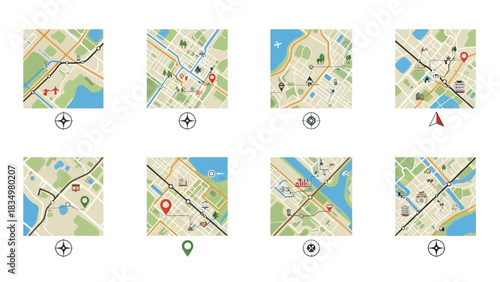 Collection of Illustrated Maps with Various Routes and Landmarks for Navigation