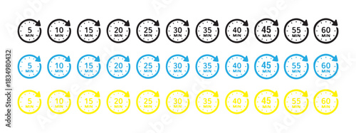 Collection of minute timer icons in various colors showing countdown intervals from 5 to 60 minutes