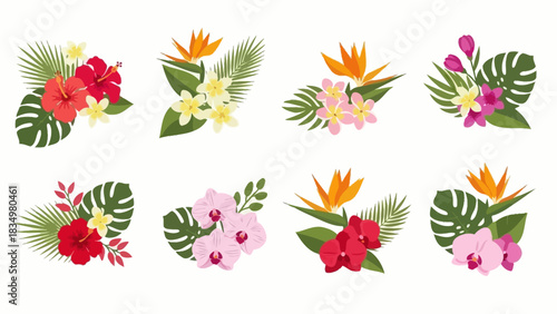 Collection of tropical floral arrangements featuring hibiscus, orchids, and bird of paradise flowers