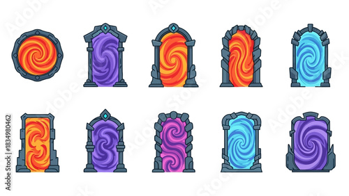 Collection of ten mystical portal designs in various colors and styles for games