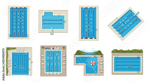 Collection of unique and stylized swimming pool designs viewed from above representing diverse