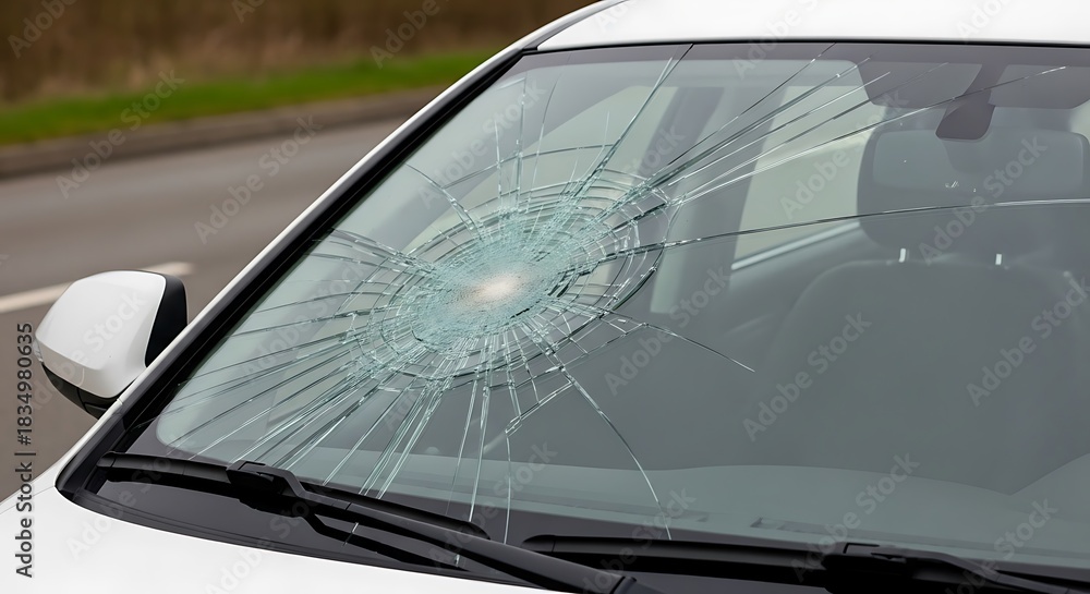 Obraz premium A cracked windshield shows radial fractures and a central impact point.