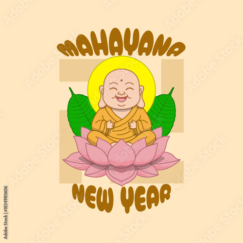 Cartoon-style illustration commemorating the Mahayana New Year. Happy smiling Buddha in a golden robe, sitting serenely on a vibrant pink lotus flower. Mahayana New Year on January