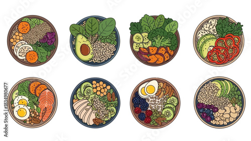 Colorful and diverse bowls of healthy foods, a culinary exploration of wellness