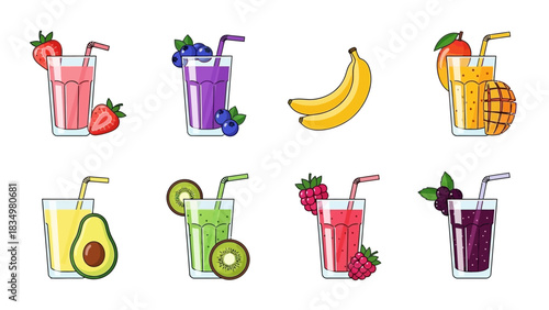 Colorful and Healthy Fruit Smoothies and Juices Illustration for Dietary Concepts