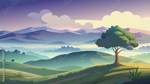A single tree rising from smooth rolling hills covered in early morning fog. Ethereal dreamy scenery with soft gradients, calm tones, and a tranquil landscape ideal for backgrounds and nature themes