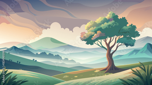 A solitary tree standing on gentle rolling hills wrapped in soft morning mist. Dreamy atmospheric landscape with muted colors, peaceful mood, and serene natural beauty perfect for artistic backgrounds