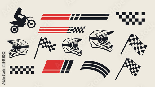A collection of vector graphics for motocross racing, including a rider silhouette, helmets, and checkered flags.