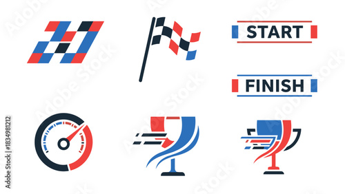 Set of racing and competition icons including checkered flags, start/finish banners, speedometer, and trophies in red and blue.