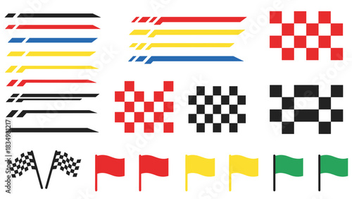 A collection of racing flags, checkered patterns, and speed stripe graphics in various colors.