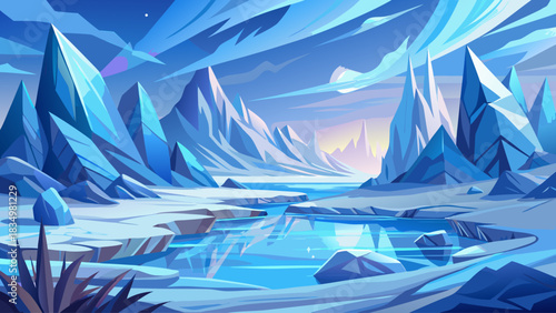 A calming icy abstract landscape featuring frosty textures, shimmering crystal patterns, and soft cool tones. Peaceful winter-inspired background ideal for wallpapers