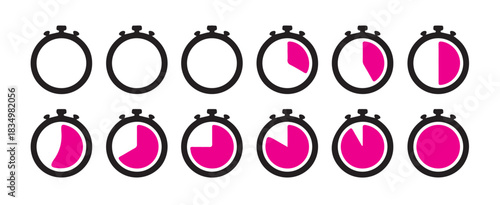 Stopwatch timer icons set displaying various percentages of completion countdown elapsed time progress