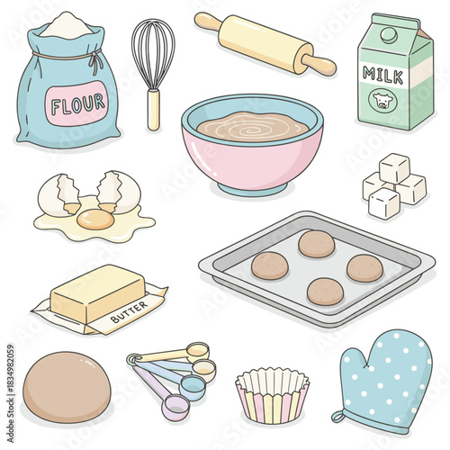 A charming collection of baking essentials and ingredients for homemade cookies and cakes, illustrated in a cute cartoon style