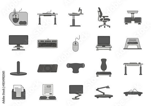 A grid of grayscale icons depicting various ergonomic and office equipment items