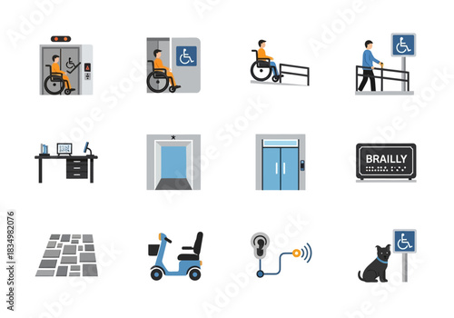 A grid of twelve icons illustrating accessibility features and aids