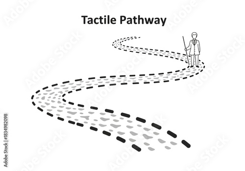 Black and white illustration of a tactile pathway with a person using a cane