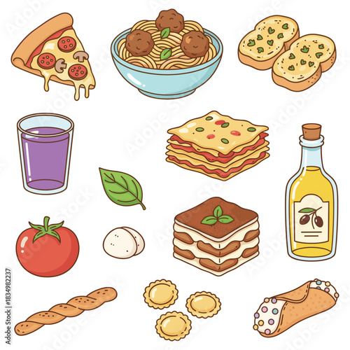 Delicious Italian Food and Drink Collection - A Vibrant Culinary Assortment