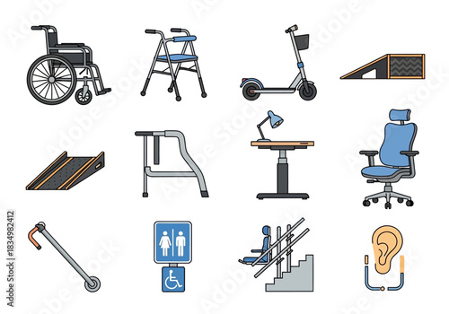 Collection of icons related to mobility accessibility aids and assistive technology