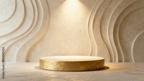 Wabi-Sabi Curved Wall & Golden Display Stand Scene