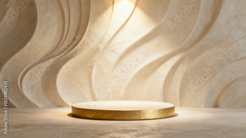 Wabi-Sabi Curved Wall & Golden Display Stand Scene