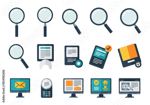Grid of flat design icons featuring magnifying glasses documents and computer monitors