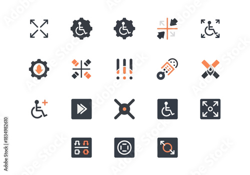 Icon set featuring accessibility control and scaling symbols in dark gray and orange