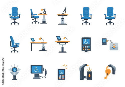 Seamless pattern of blue office chairs adjustable desks accessibility terminals and hearing aids