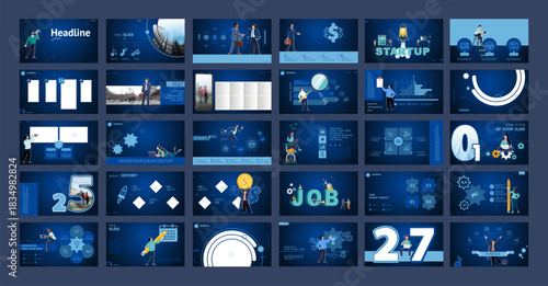 Business presentation, powerpoint, launch of new business project. Infographic design template, blue elements, blue background, set. Team of people create business, teamwork, app. Vector illustration