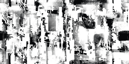 Glitch distorted grungy endless pattern . Cyber punk seamless pattern texture. Textured futuristic background . Glitched shapes with dots and lines .Screen print repeating pattern texture