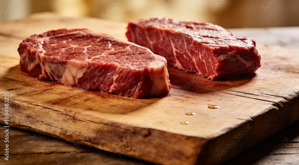 Fototapeta premium Raw New York strip steaks on a wood cutting board.