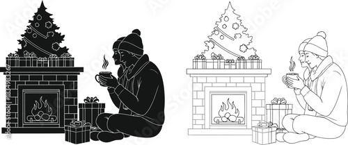 Cozy couple sipping cocoa by the fire on Christmas morning in black and white