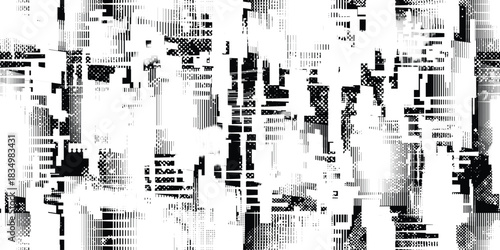 Glitch distorted grungy endless pattern . Cyber punk seamless pattern texture. Textured futuristic background . Glitched shapes with dots and lines .Screen print repeating pattern texture
