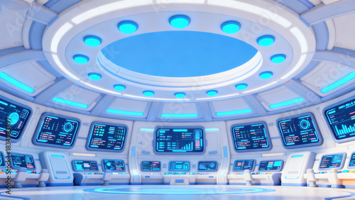 Future Blue-White Tech Control Room 3D Scene