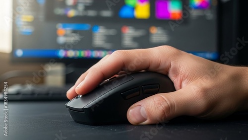 Close-up of a hand using a computer mouse on a desk with a monitor in the background displaying a colorful interface.