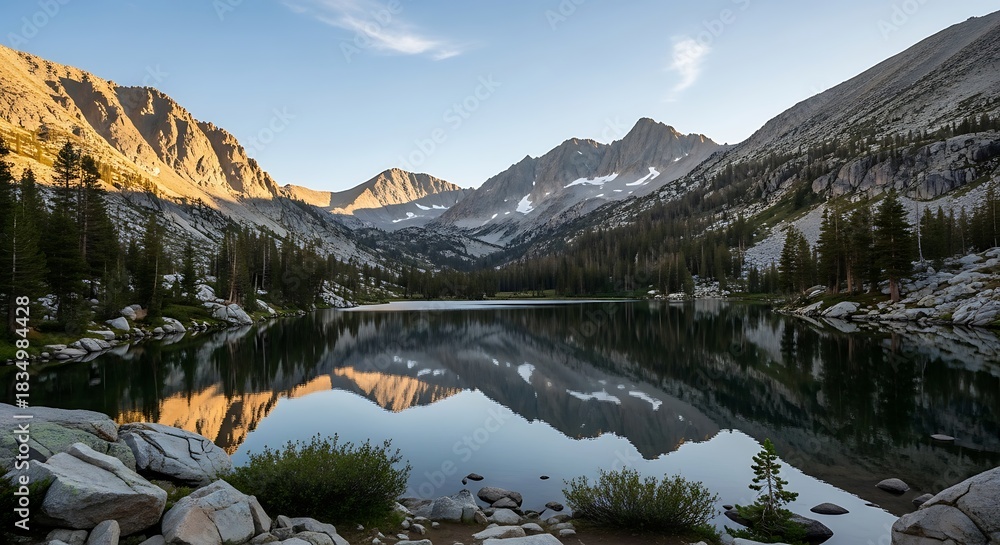 Fototapeta premium Serene mountain lake reflects rugged peaks and pine forests in golden sunlight.