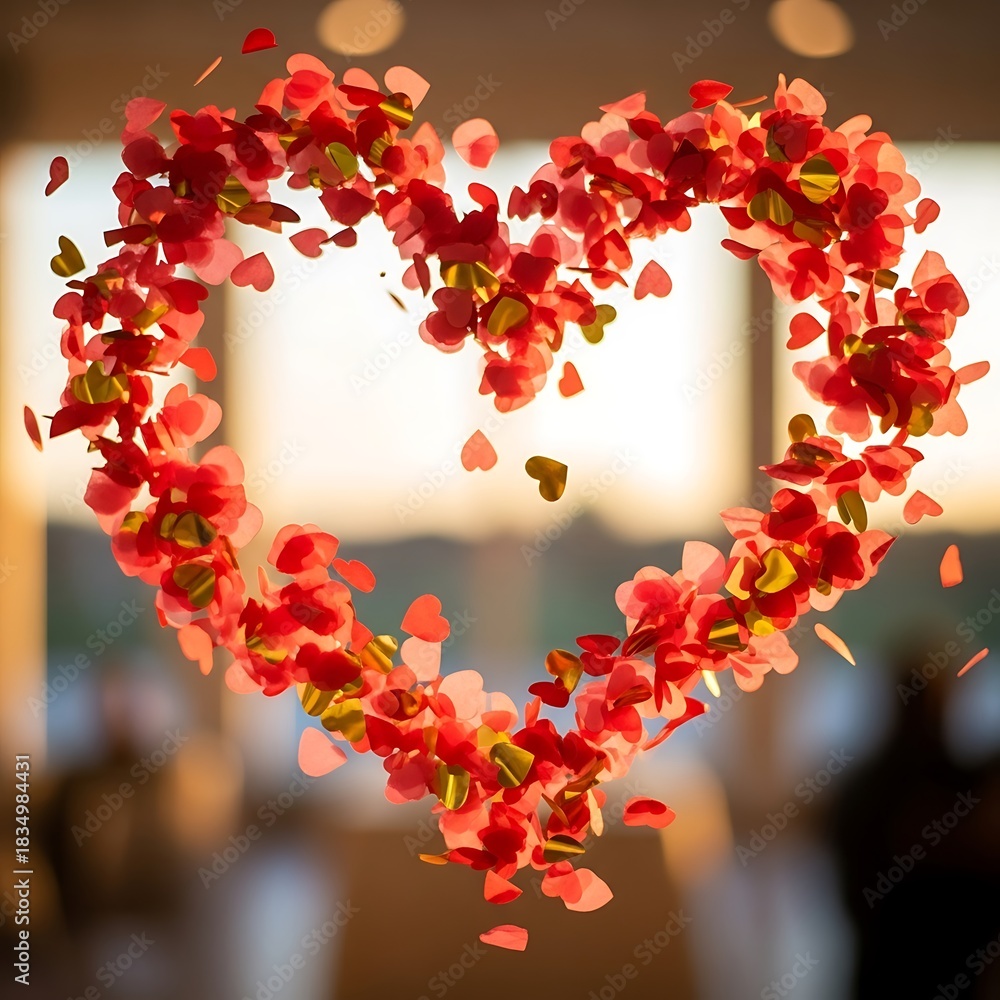 Obraz premium Red heart confetti cascades and floats against a soft, glowing background.