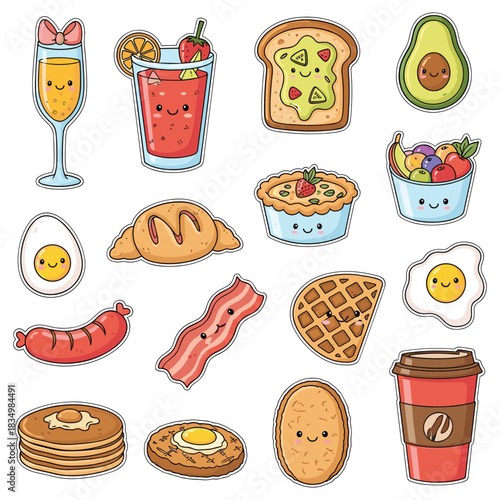 Cute cartoon breakfast food sticker collection, a delightful graphic concept for playful designs and cheerful menus