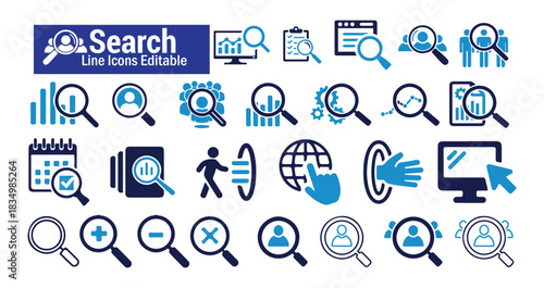 Search line icons editable set for data analysis business strategy research and user finding concept