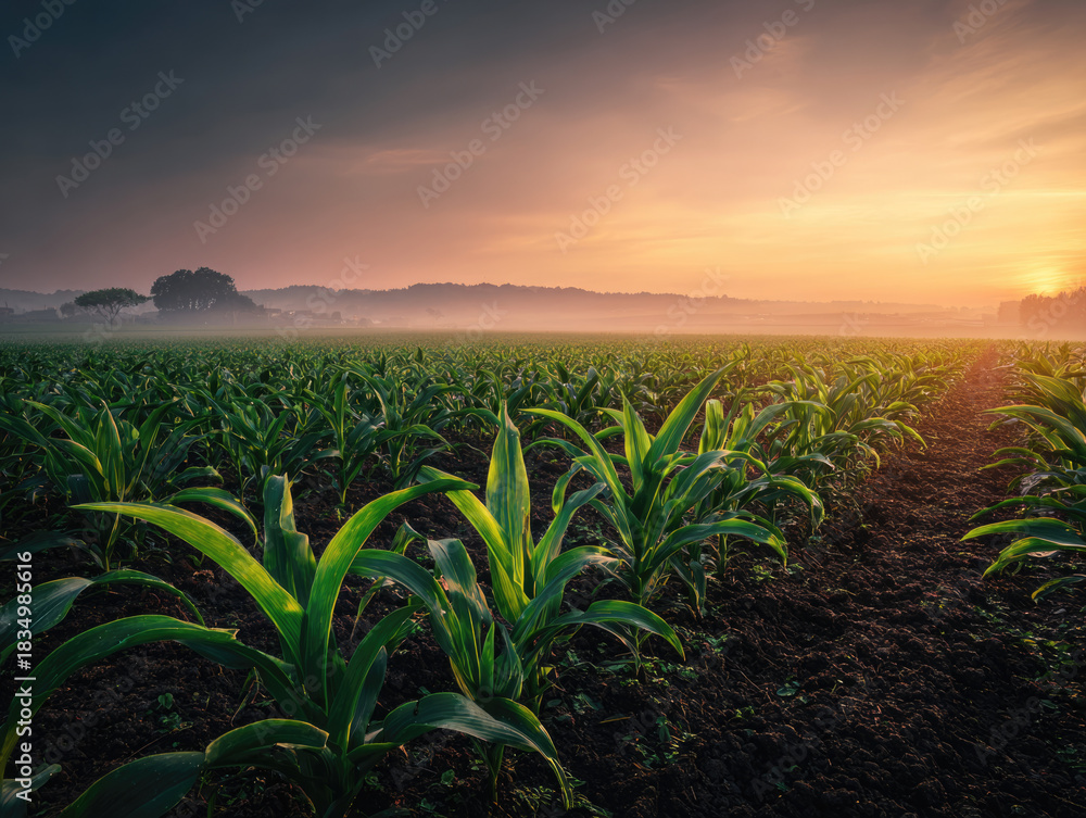 Fototapeta premium healthy green corn or maize leaves at agriculture plantation corn field beside agriculture farm.