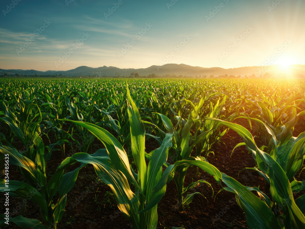 Fototapeta premium healthy green corn or maize leaves at agriculture plantation corn field beside agriculture farm.